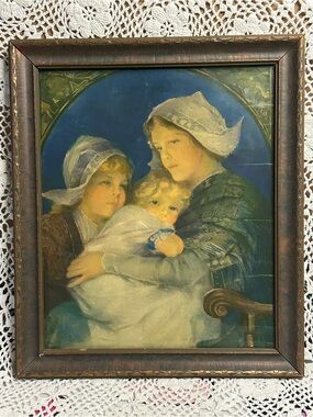 Vintage early 20th century Dutch mother and children framed lithograph
